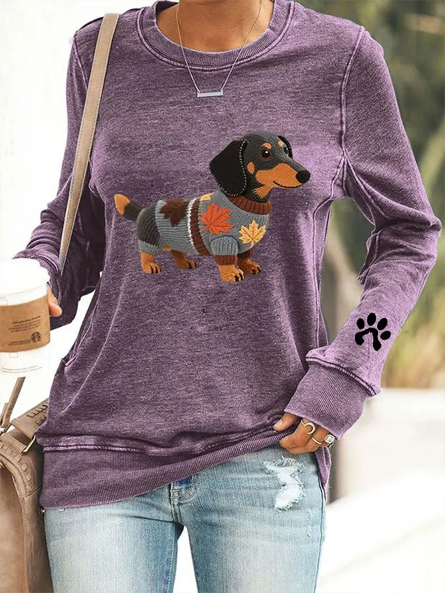 Women's Dog Art Print Round Neck Cotton Sweatshirt