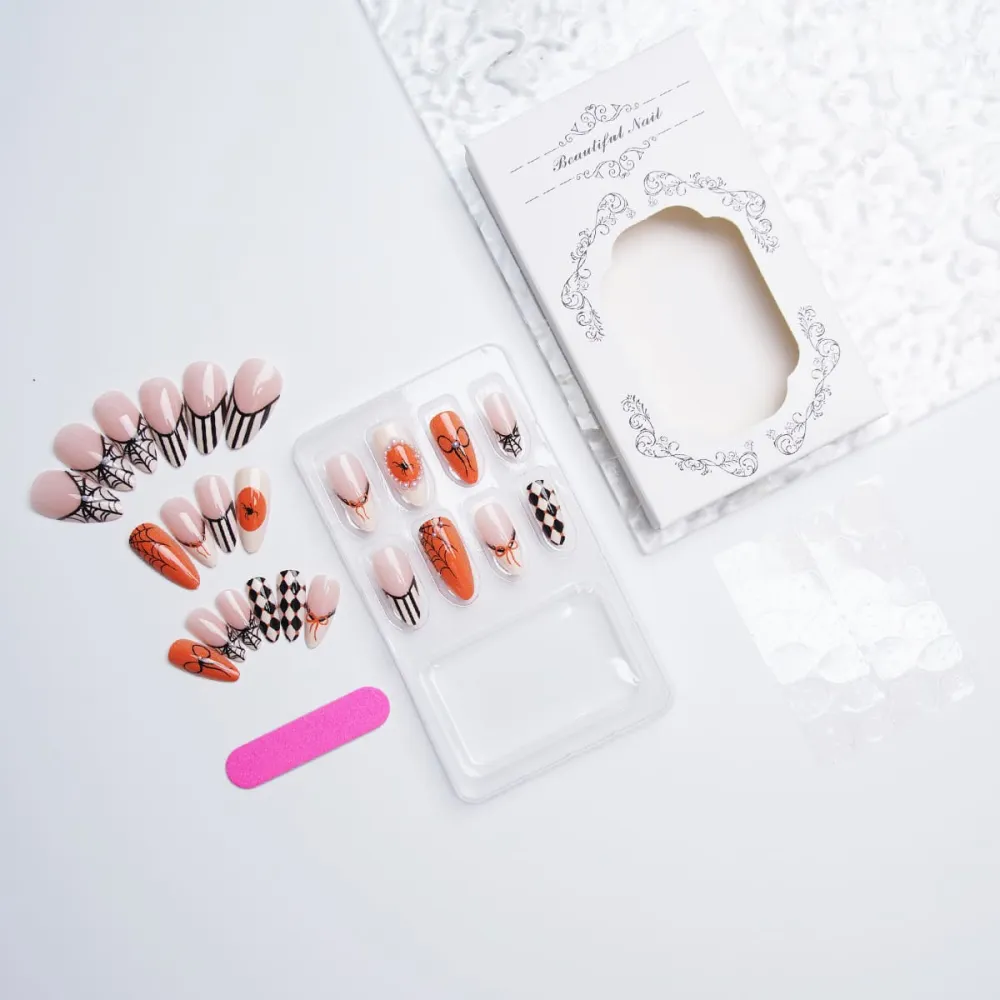 Nailhour 24Pcs Halloween Spider Web Medium Almond French Press On Nails