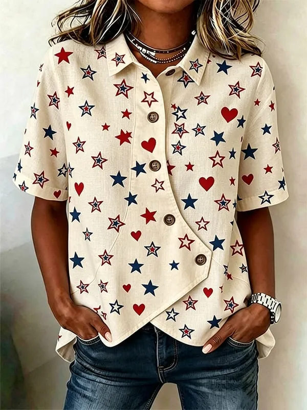 Women's Casual American Star Striped Printed Top