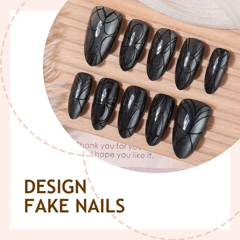 Nailhour 30Pcs Cat Eye Black Gothic Long Almond Press On Nails