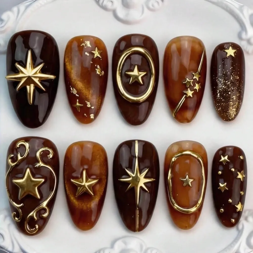 Nailhour 30Pcs Medium Almond Gold Star Press On Nails
