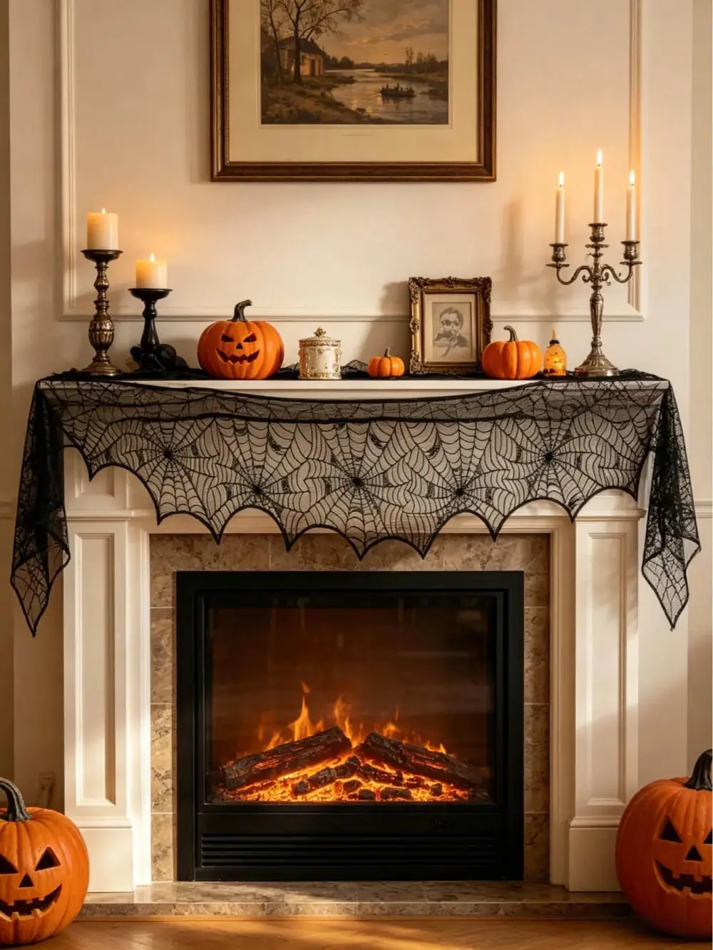 Halloween Black Lace Fireplace Mantle Scarf Cover