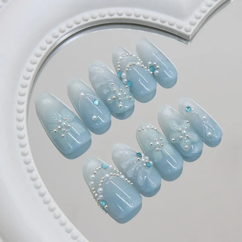 Nailhour 30Pcs Blue Gilded 3D French Medium Almond Press On Nails
