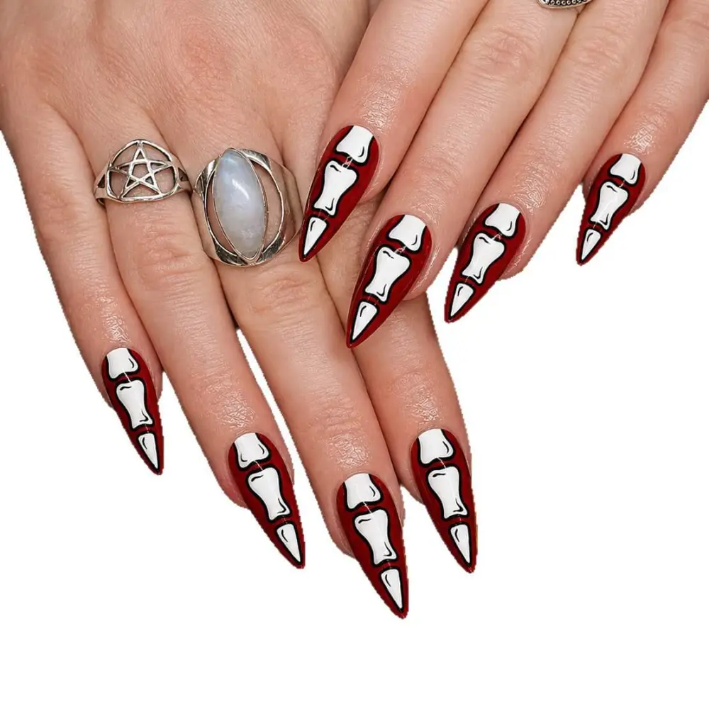 Nailhour 24Pcs Halloween Medium Almond Bloody Bones Press On Nails