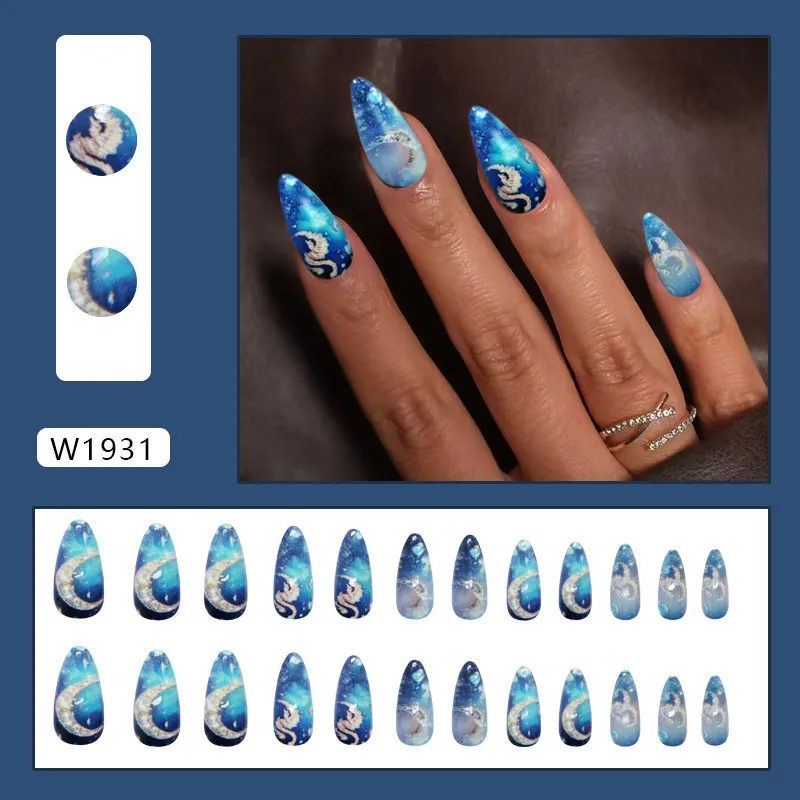 Nailhour 24Pcs Blue Daily Holiday Press On Nails