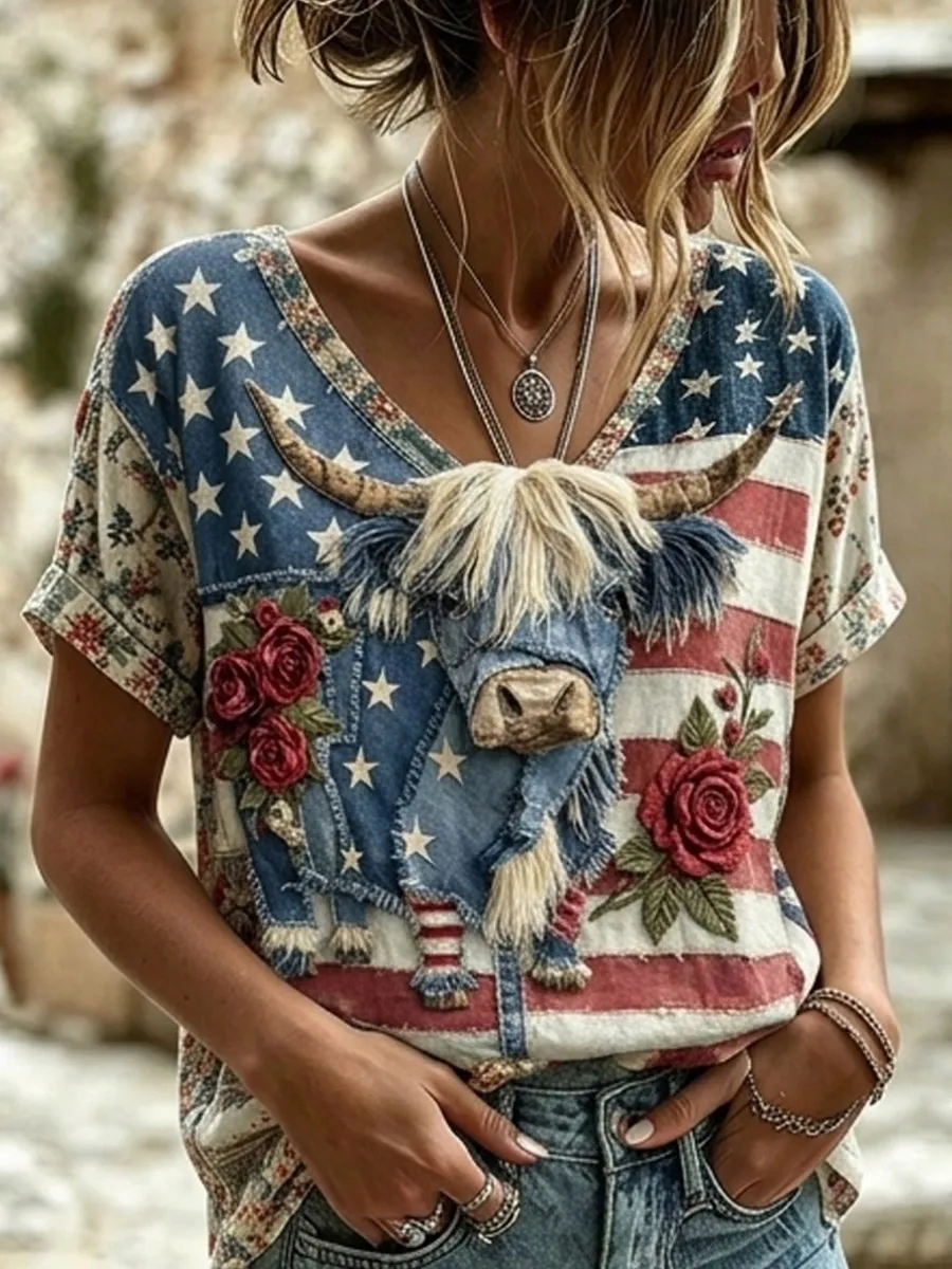 Vintage Highland Cow Patchwork Print Women's Linen V Neck T-Shirt