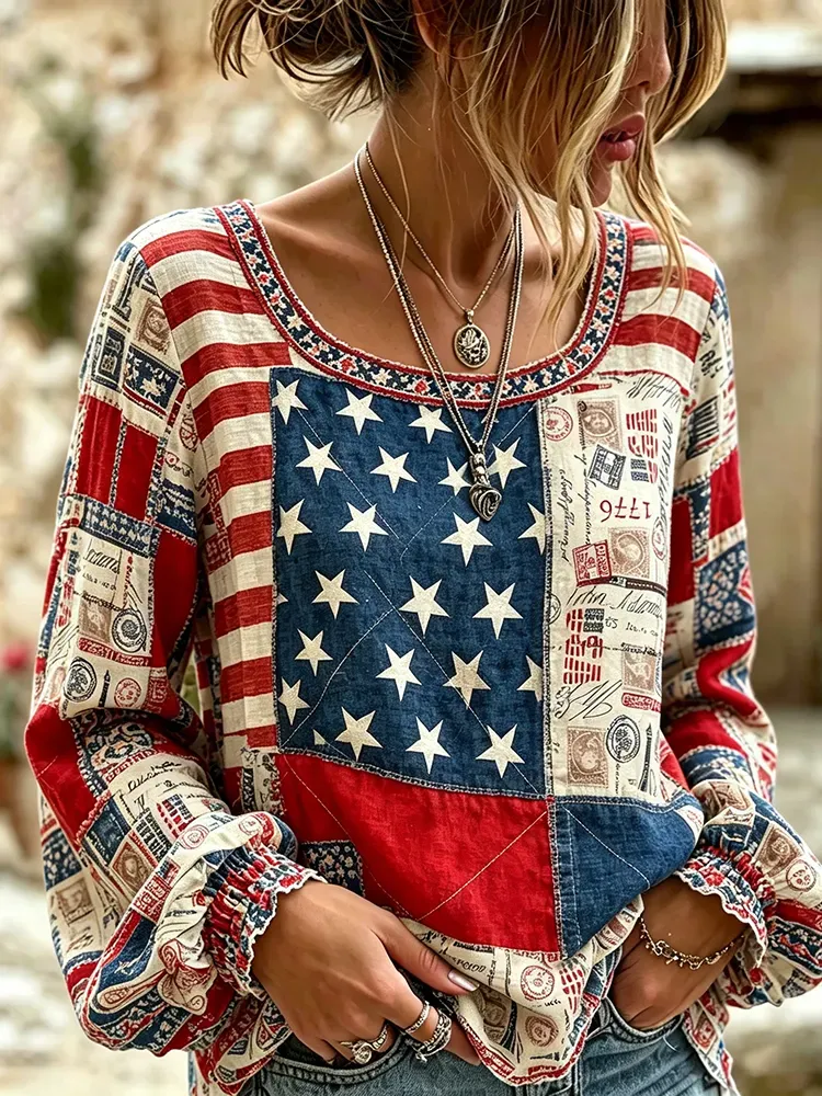 Women's Independence Day Flower Fresh Round Neck Top