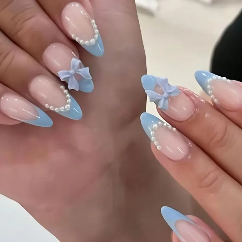 Nailhour 24Pcs Blue Bow 3D Medium Almond French Press On Nails