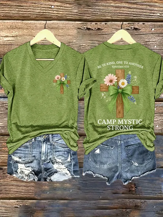 V Neck Retro Texas Strong Green Bow Cross Print T-Shirt