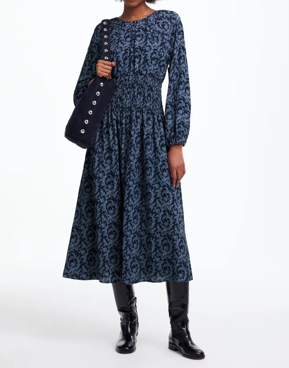 Bubble-Sleeve Smocked Midi Dress In Floral