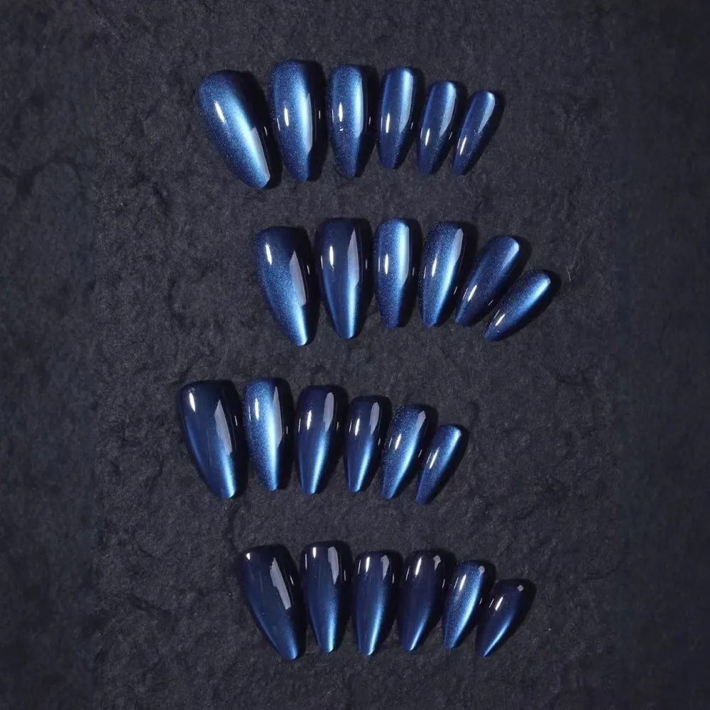 Nailhour 24Pcs Royal Blue Cat Eye Nail Art for Autumn and Winter Press On Nails