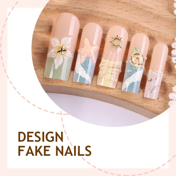 Nailhour 24Pcs Multicolo Beach 3D Long Almond Press On Nails