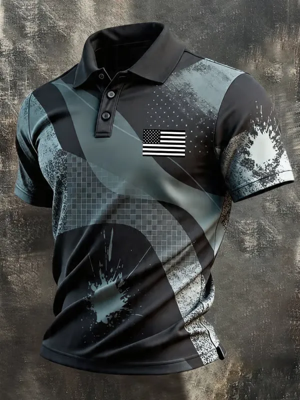 Men's Retro Patriotic Color-Block Short-Sleeve Polo Shirt