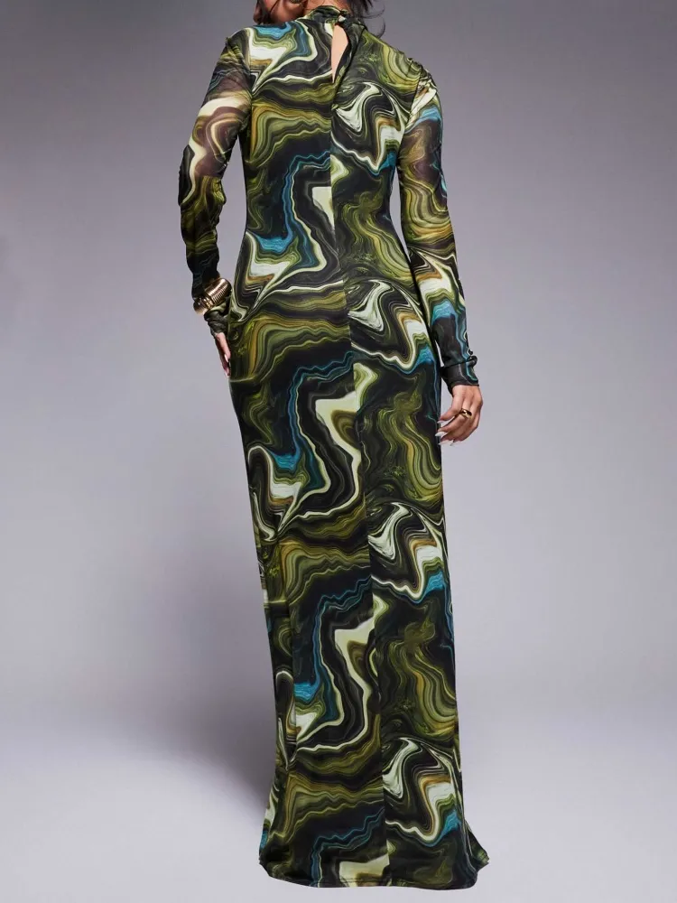 Cutout Abstract Print Long Sleeve Dress