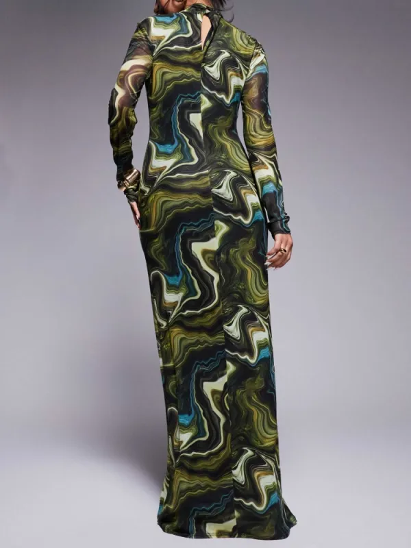 Cutout Abstract Print Long Sleeve Dress