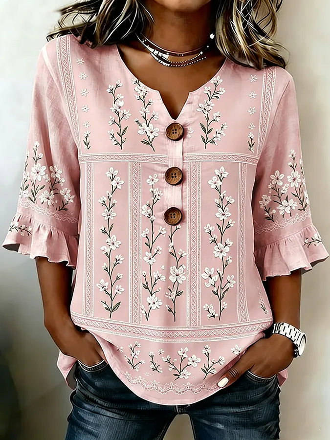 Women's Casual Retro Floral Cotton Linen Shirt