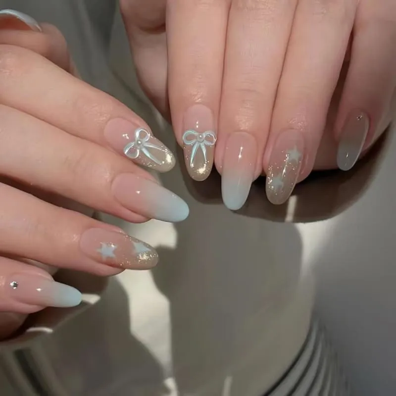 Nailhour 10Pcs Blue Gradient French Cat Eye Medium Almond Press On Nails