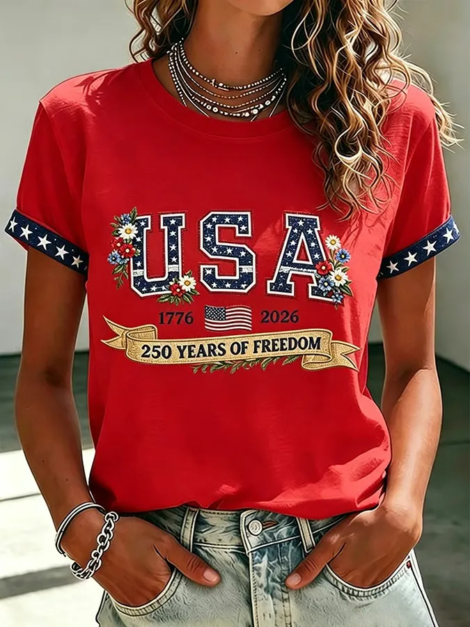 Women's 250 Years Of Freedom Flower Art Print T-shirt