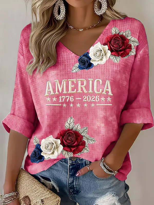 Ladies' American Flag Printed Casual Long Sleeve V-neck T-shirt