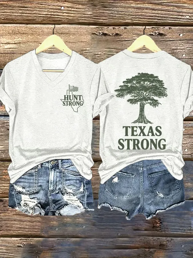 V Neck Retro Texas Strong Hunt Strong Print T-Shirt