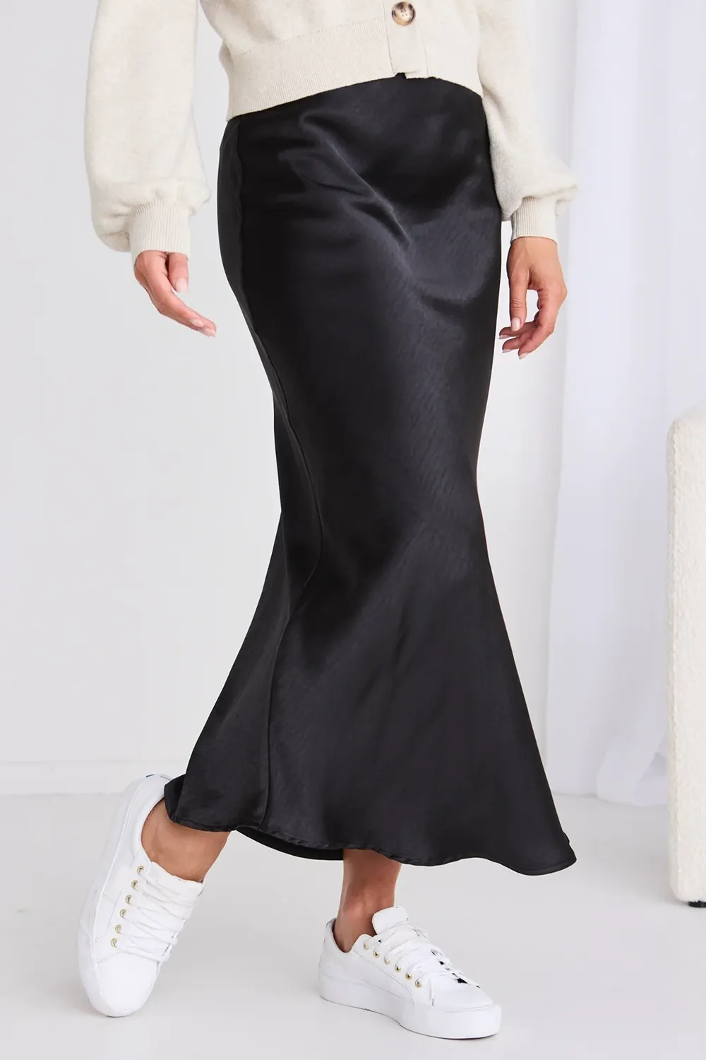 Black Satin Flared Midi Skirt