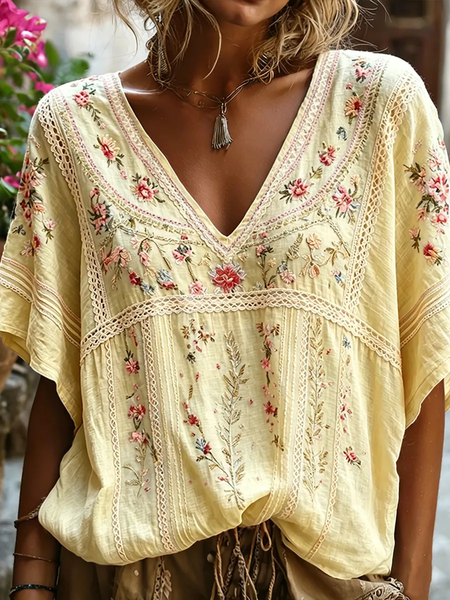 Women's Boho Floral Embroidered Lace Trim V-Neck Blouse
