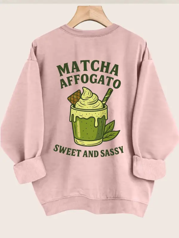 Matcha Cup And Green Leaves Print Long Sleeve Women Sweatshirt