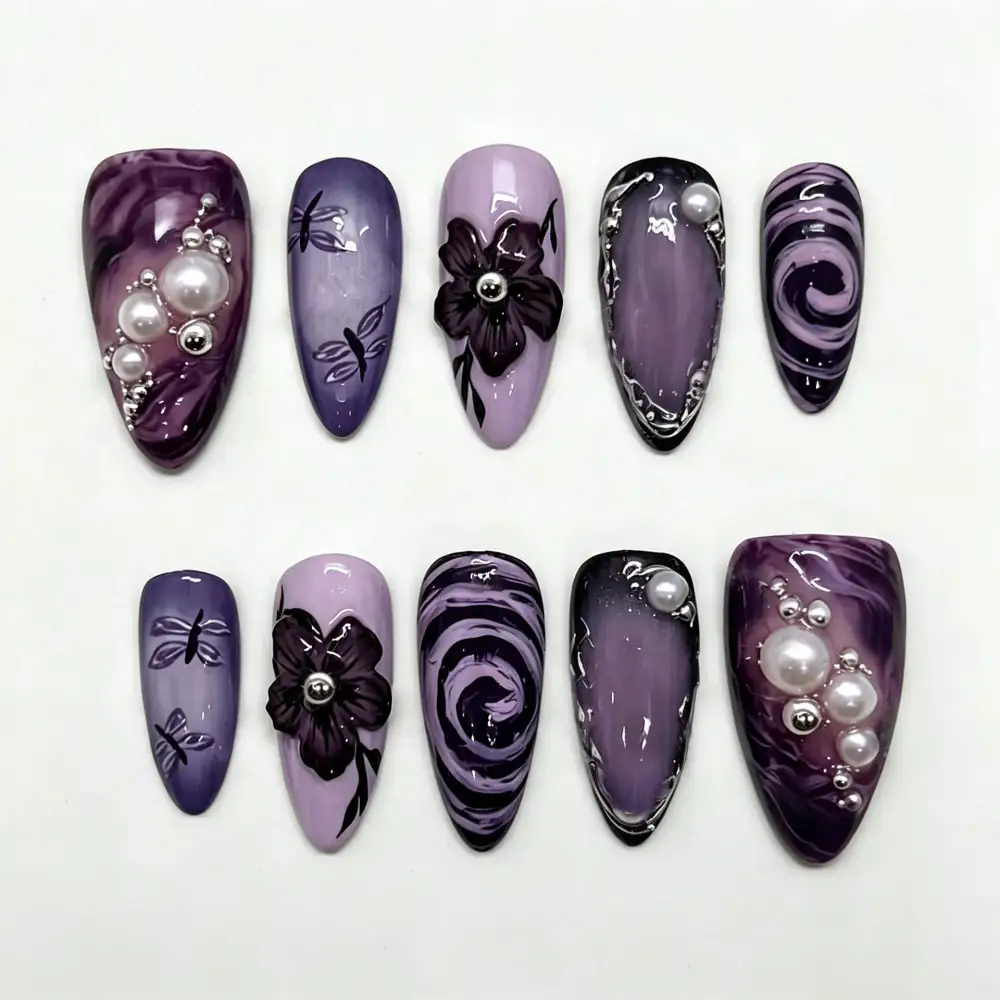 Nailhour 30Pcs Gilded Multicolor 3D Medium Almond Press On Nails