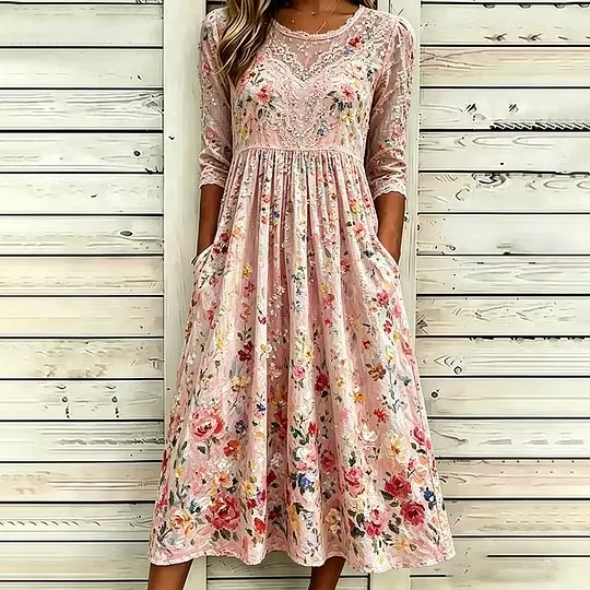 Women's Oil Painting Flower Lace Art Splicing Printed Cotton and Hemp Long Sleeve Dress