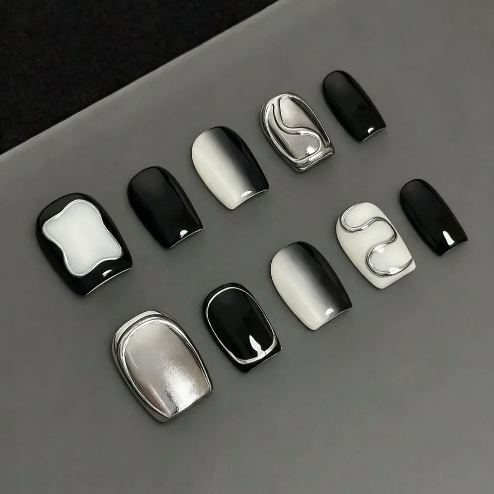 Nailhour 30Pcs 3D Handmade Black Short Square Press On Nails