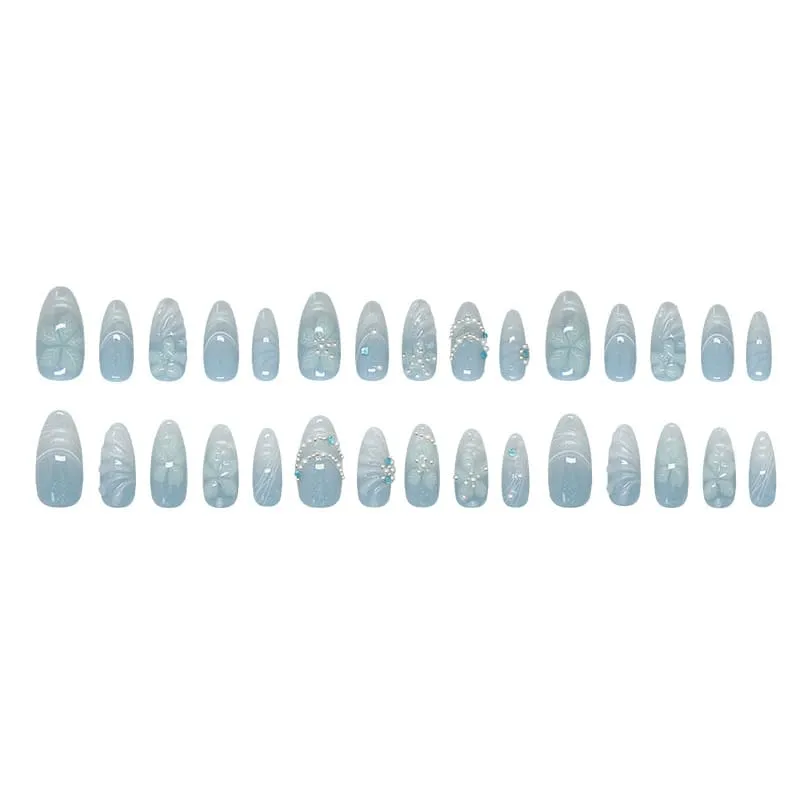 Nailhour 30Pcs Blue Gilded 3D French Medium Almond Press On Nails
