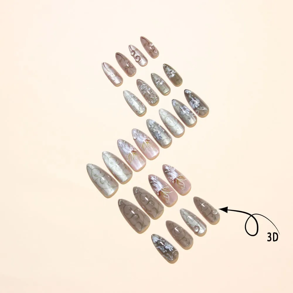 Nailhour 24Pcs Green Floral Medium Almond French Press On Nails