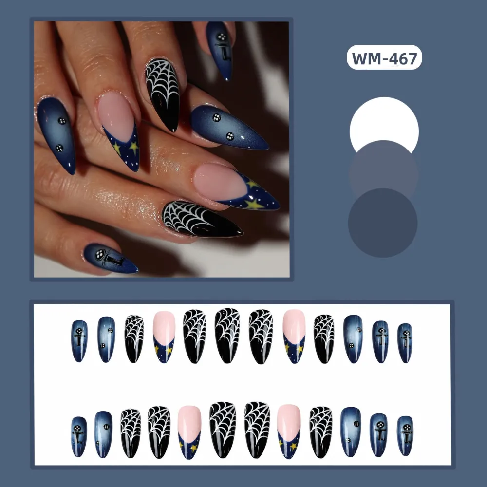 Nailhour 24Pcs Halloween Blue French Medium Almond Press On Nails