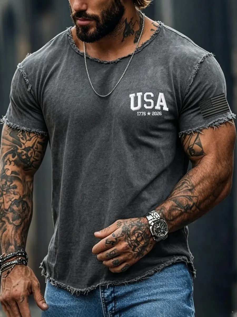 Men's Casual Washed Vintage American Flag Printed Round Neck Top