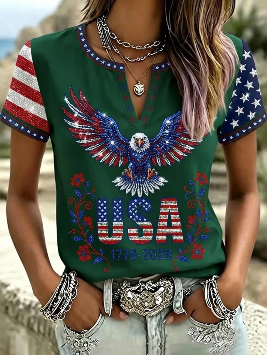Women'S Casual Cotton Linen American Independence Day Floral Art Printed Short Sleeved T-Shirt