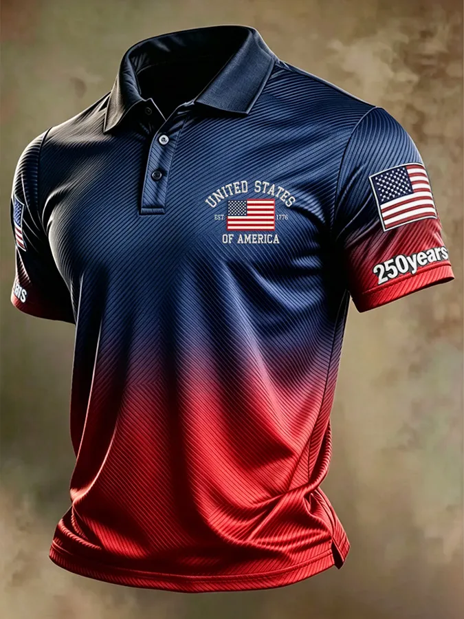 Men'S American Flag Print Casual Polo Shirt