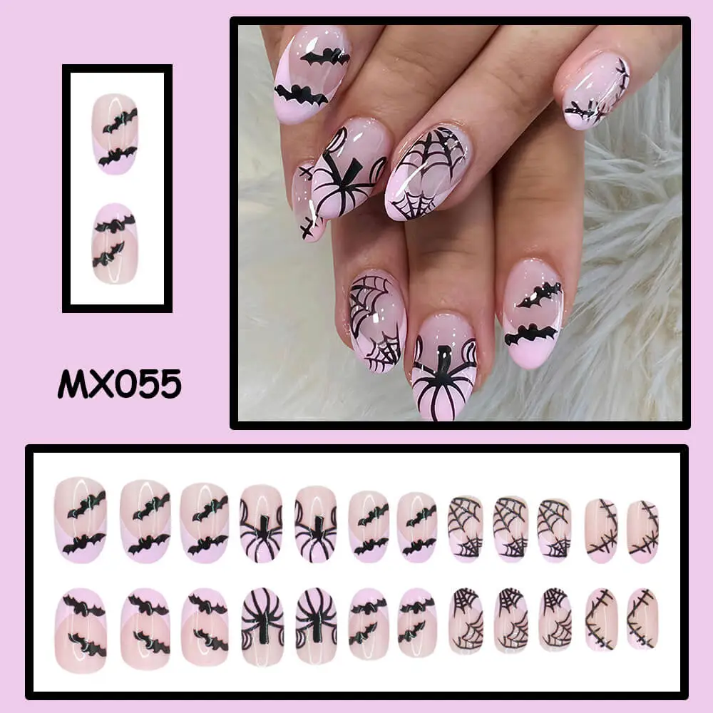 Nailhour 24Pcs Halloween Short Oval Pink French Spiderweb Press On Nails