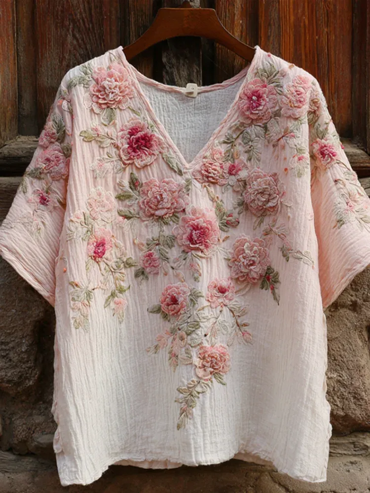 Pink Rose Art Gradient Cotton Linen V-neck Short Sleeve Top