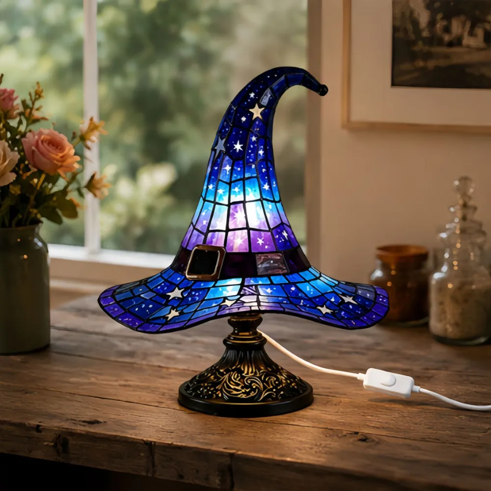 Halloween Witch Hat Lamps Resin Decorative USB Plug Light Ornament（11*8*18cm）