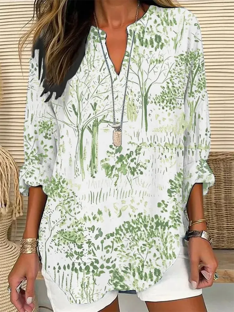 Women's Long-Sleeved V-Neck Shirt With Plant Prints