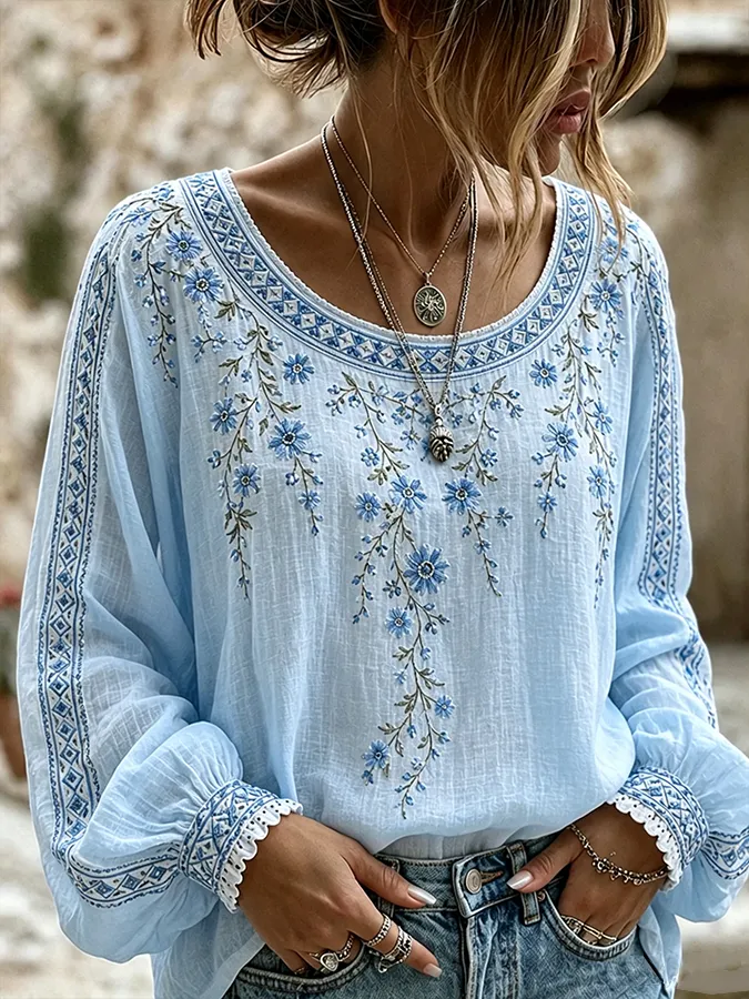 Women'S Floral Printed Casual Cotton And Linen Top