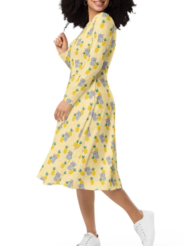 Pineapple Cat Print Midi Dress