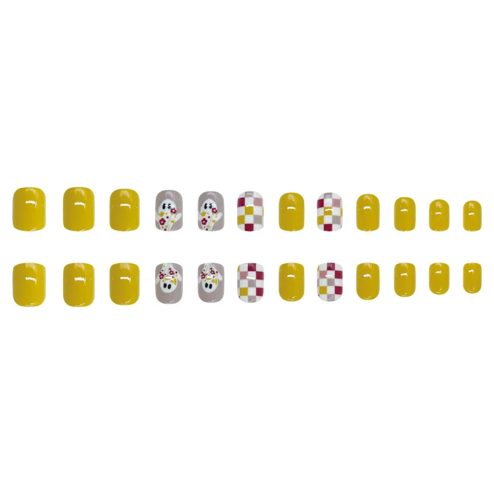 Nailhour 24Pcs Yellow Vintage Ghost Floral Halloween Short Squoval Press On Nails