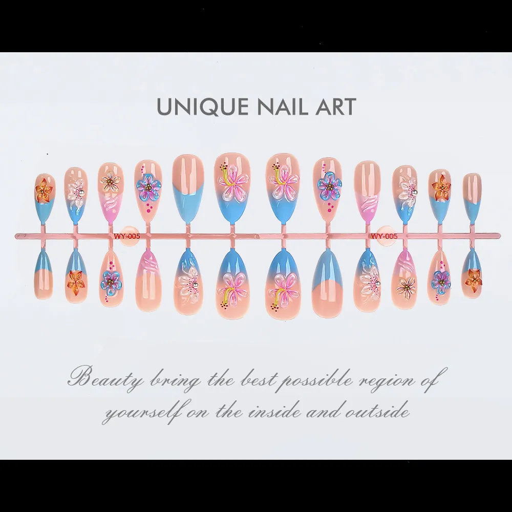 Nailhour Summer 3D Pink Blue Floral 24Pcs French Press On Nails