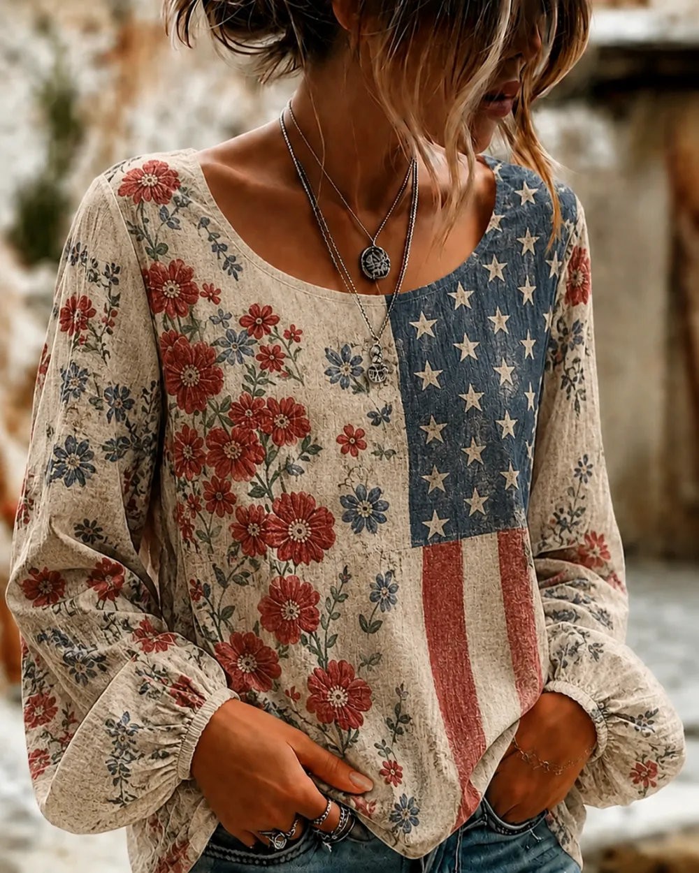 Women'S Retro Independent Floral Art Printed Long Sleeved T-Shirt