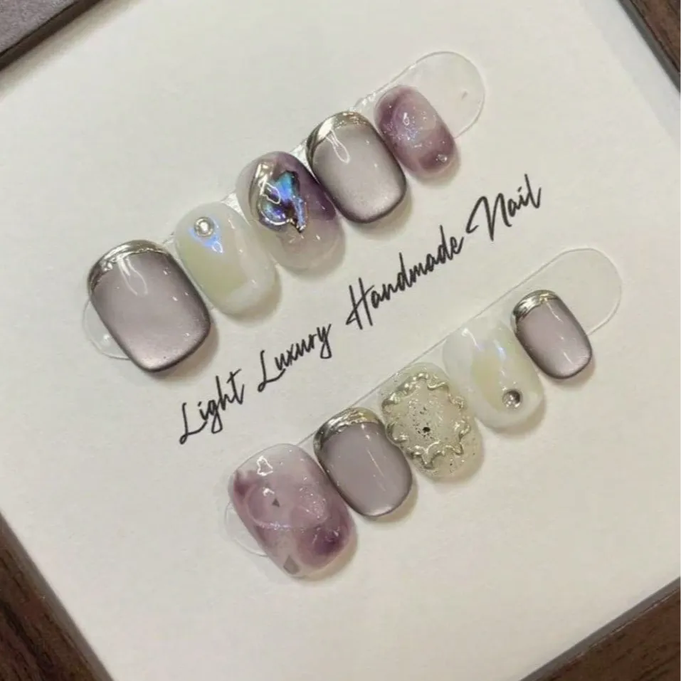 Nailhour 10Pcs Handmade Multicolor Rhinestone Short Squoval Press On Nails