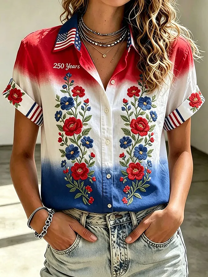Women's Vintage American Flag & Floral Art Print Short-Sleeve Shirt
