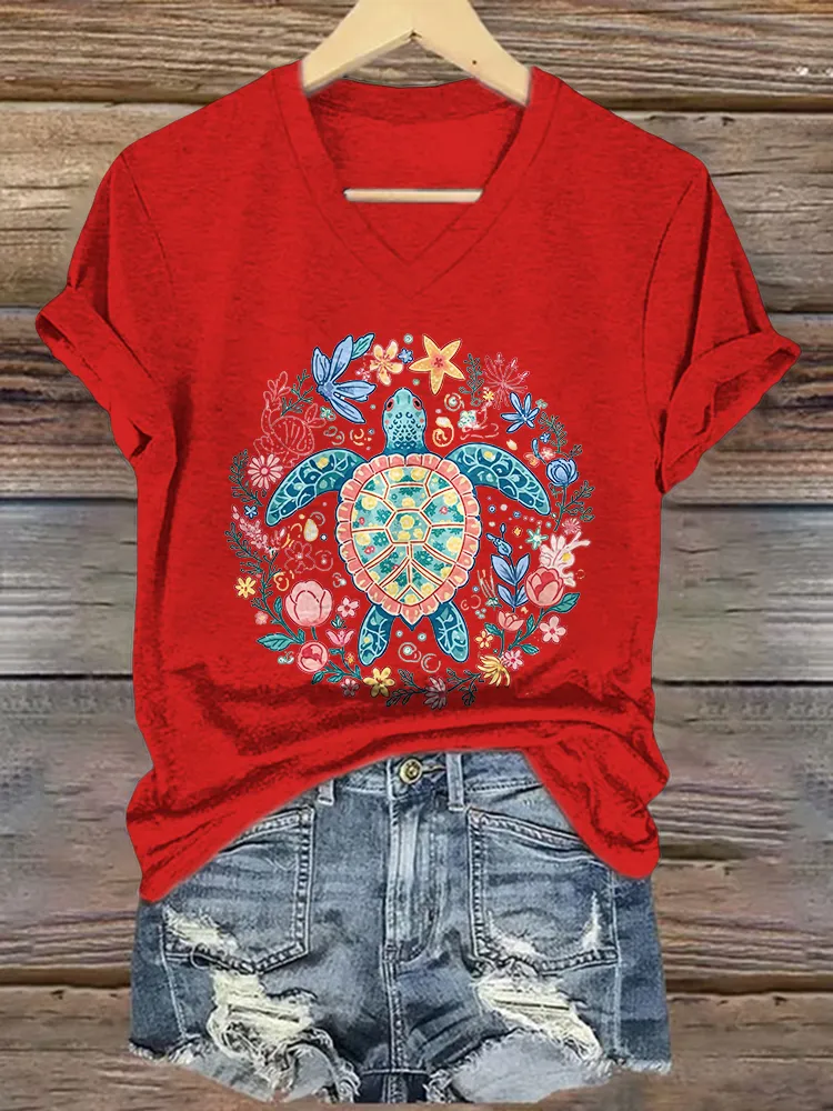Women's Summer Vibes Short Sleeves V-Neck Pure T-Shirt