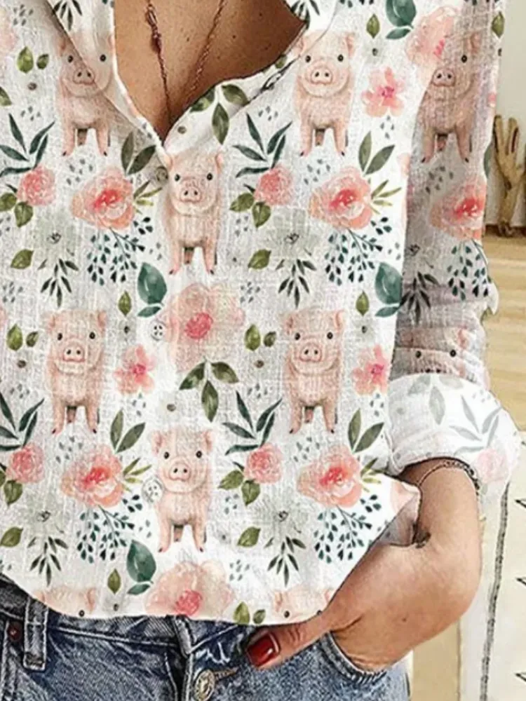 Cute Pig Floral Button Shirt