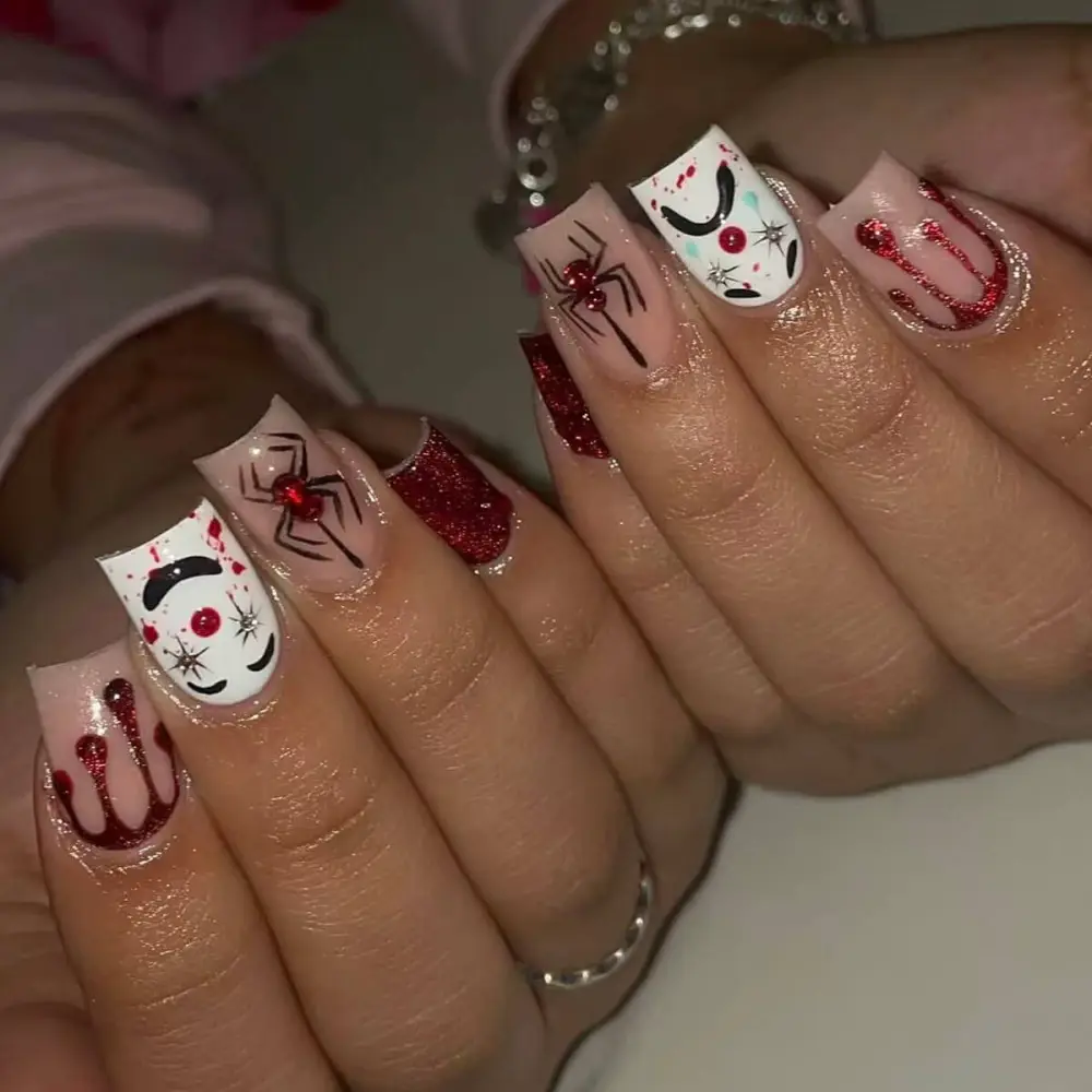 Nailhour 24Pcs Halloween Medium Square Crimson Circus Press On Nails
